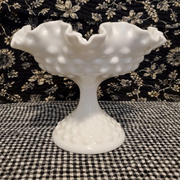 Fenton White Ruffled Hobnail Pedestal Compote - Picture 1 of 3